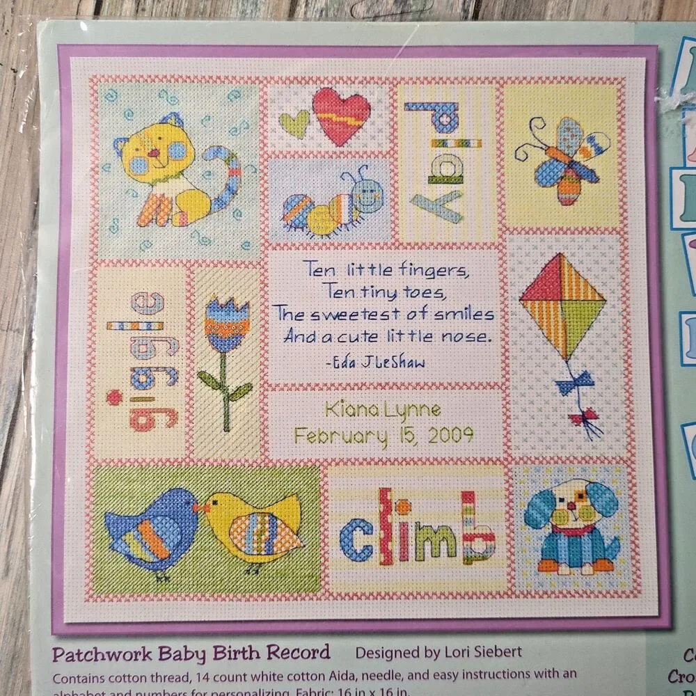 NIP Dimensions Baby Hugs Patchwork Baby Birth Record Cross Stitch Kit - Picture 3 of 7
